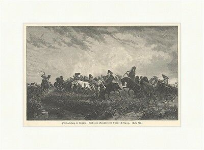 Pferdeeinfang in Ungarn Holzstich Heinrich Lang Feld Peitsche Wildpferde E 1900