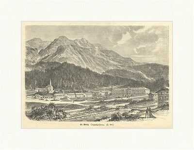 St. Moriz Holzstich Schweiz Graubünden Gebirge Berge Kirche Fluß Brü E 1991