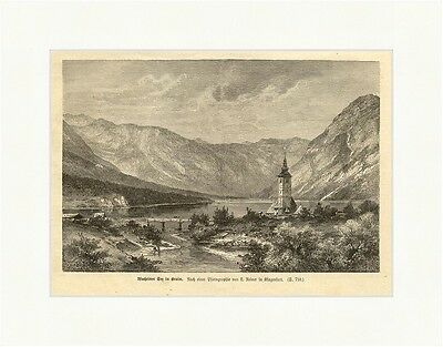 Wocheiner See Holzstich Kirche Bere Gebirge Österreich K&K Klagenfurt E 1904