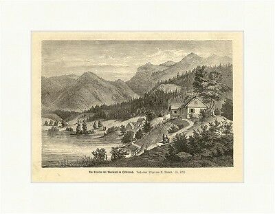 Am Erlafsee bei Mariazell in Oesterrecih Holzstich K&K Erlaufsee Berge E 1868