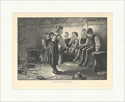 Rechts oder links Th. Kleehaas Kinder Spiele Hut Bank Mädchen Holzstich A 1840