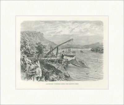 Lachsfang zwischen Basel und Rheinfelden Fischerei Holzstich Swiss Schweiz 084