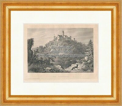 Die Wartburg Stahlstich Eisenach Thüringen Luther Meyers Universum 0498 Gerahmt