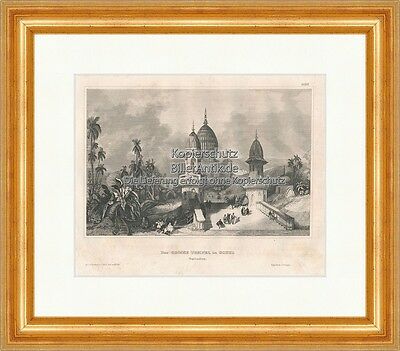 Der grosse Tempel Gokul Ostindien Stahlstich Uttar Meyers Universum 0446 Gerahmt