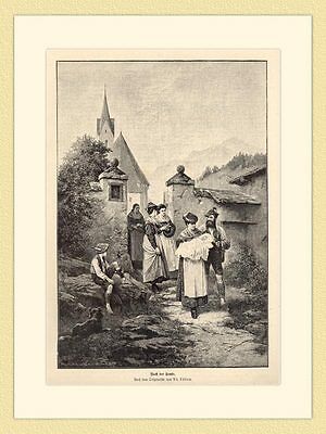 Nach der Taufe Täufling Kirche Eltern von Ad. Lüben ORIGINAL HOLZSTICH II 969