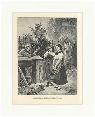 Der alte Rourmacher Hugo Oehmichen Frauen Brunnen Eimer Wasser Holzstich A 1746