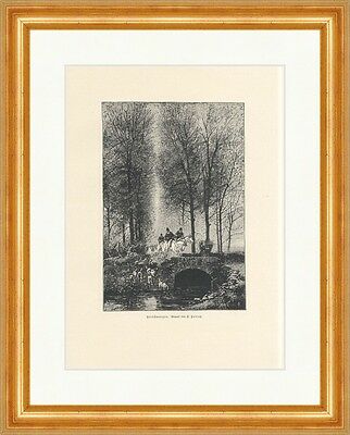 Herbstmorgen F. Hallatz Brücke Bach Reiter Bäume Pferde Holzstich A 1738 Gerahmt