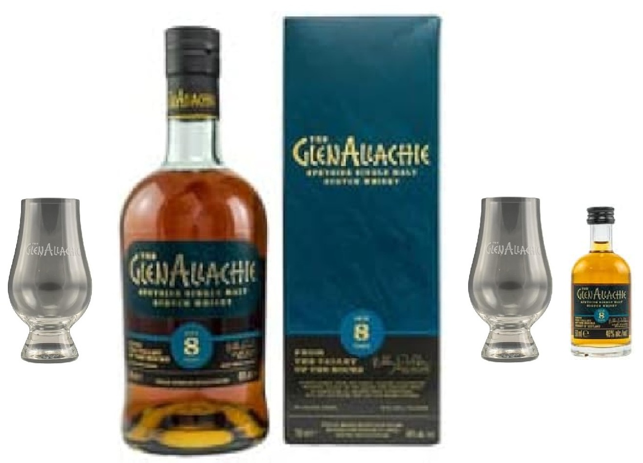 GlenAllachie 8 Jahre Single Malt Whisky mit 46% Alkohol 0,7l + GlenAllachie Mini 8 Jahre Speyside Malt Scotch Whisky mit 46% Alkohol 50ml + GlenAllachie Glencairn Glas - 2 Stk