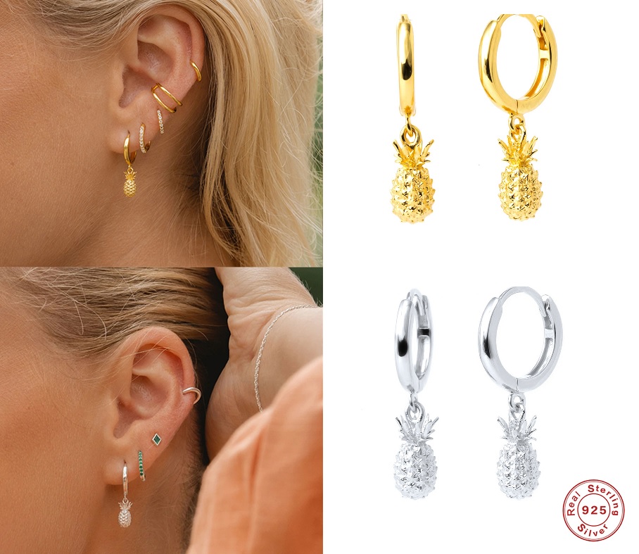 Ohrringe Creolen Frauen 925 Sterling Silber Gold Ananas hängend 18k vergoldet - Bild 1 von 10