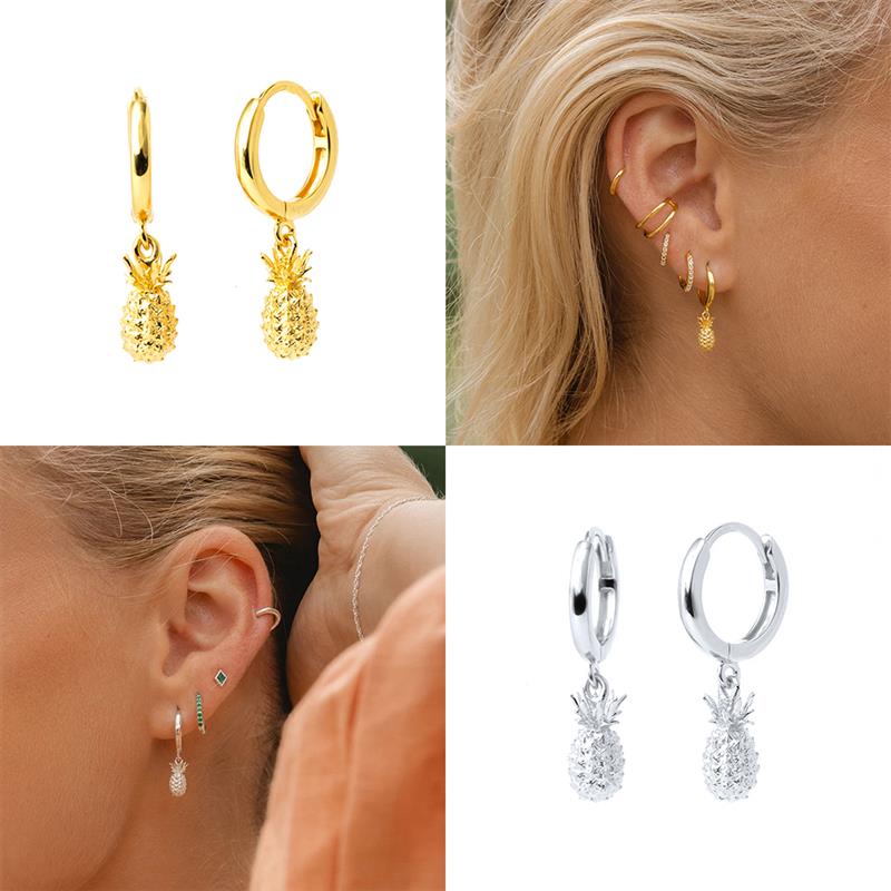 Ohrringe Creolen Frauen 925 Sterling Silber Gold Ananas hängend 18k vergoldet - Bild 3 von 10