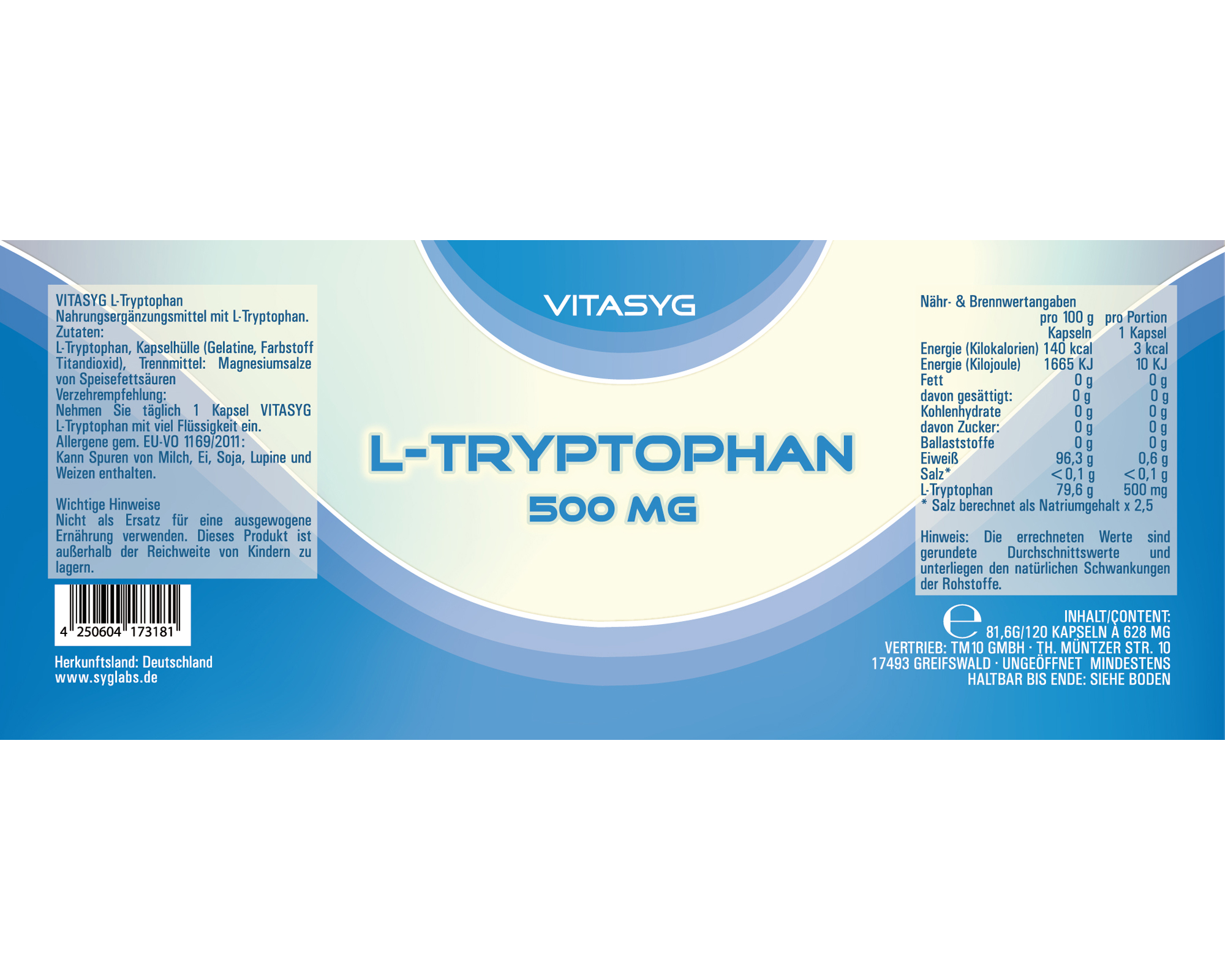 (15,84€/100g)Vitasyg L-Tryptophan 500mg - 120 Kapseln ...