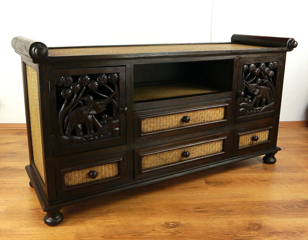 Asiatisches Rattan-Sideboard HiFi TV Kommode Schnitzerei Holz Thai