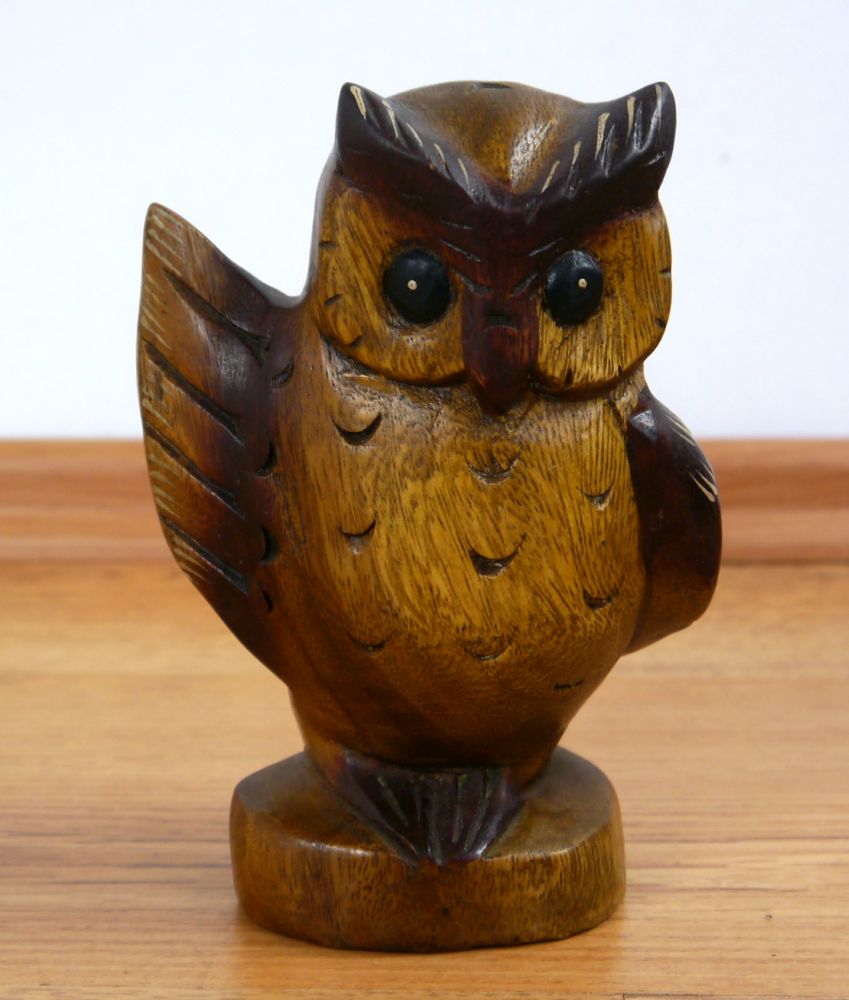 Small Owl Wooden Carved Sculpture with Spread Wings Handmade in Thailand 