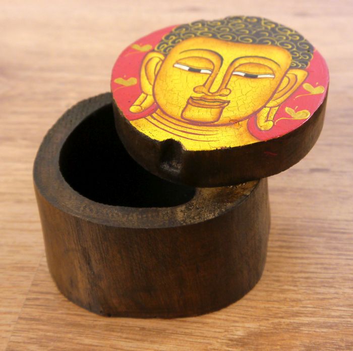 Teakholzdose "Buddha" rund mit Schwenkdeckel Geschenkebox Asia Dekokästchen 