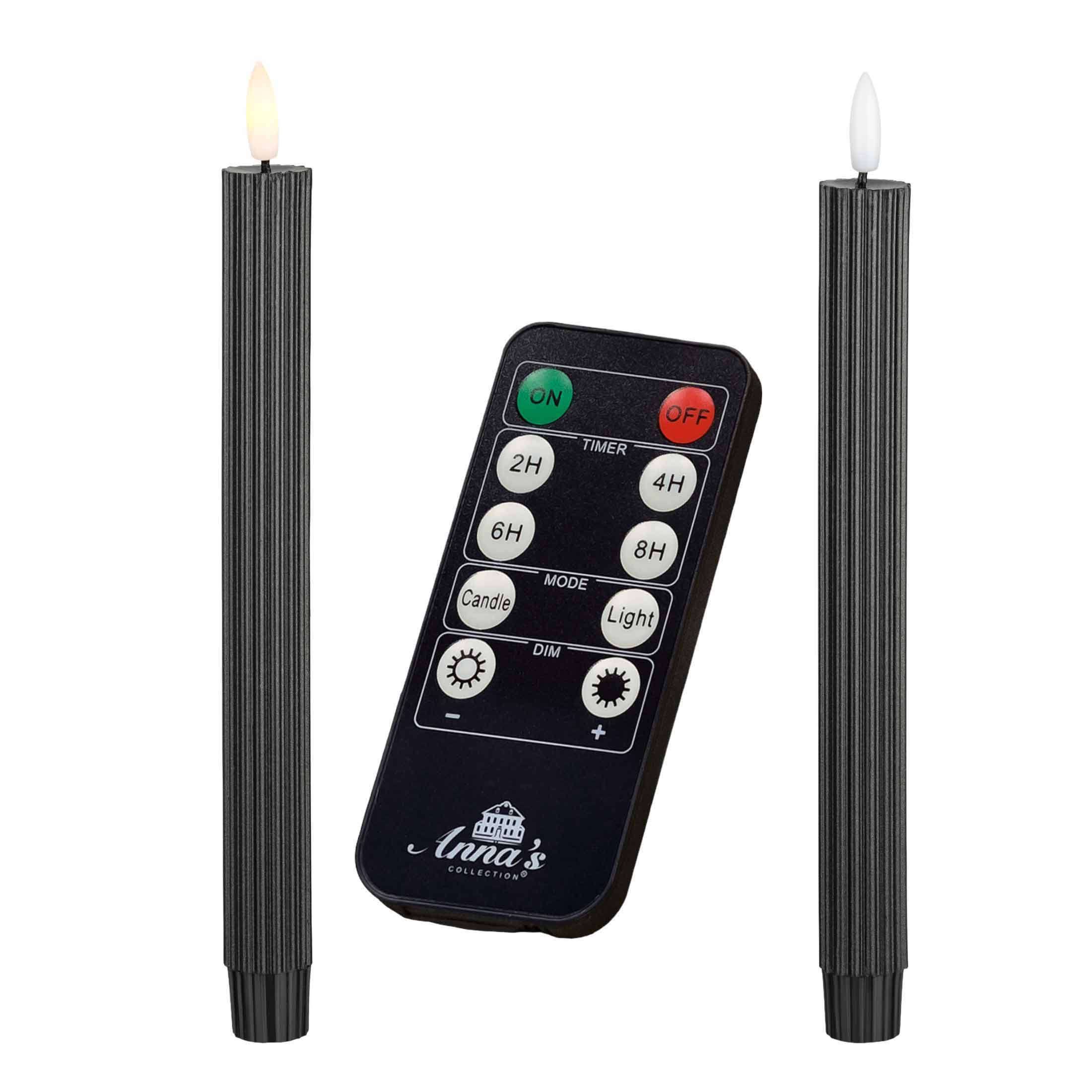 LED Stabkerzen schwarz mit Fernbedienung Timer Dimmer geriffelt 2 Stck. warmweiß 2x23cm