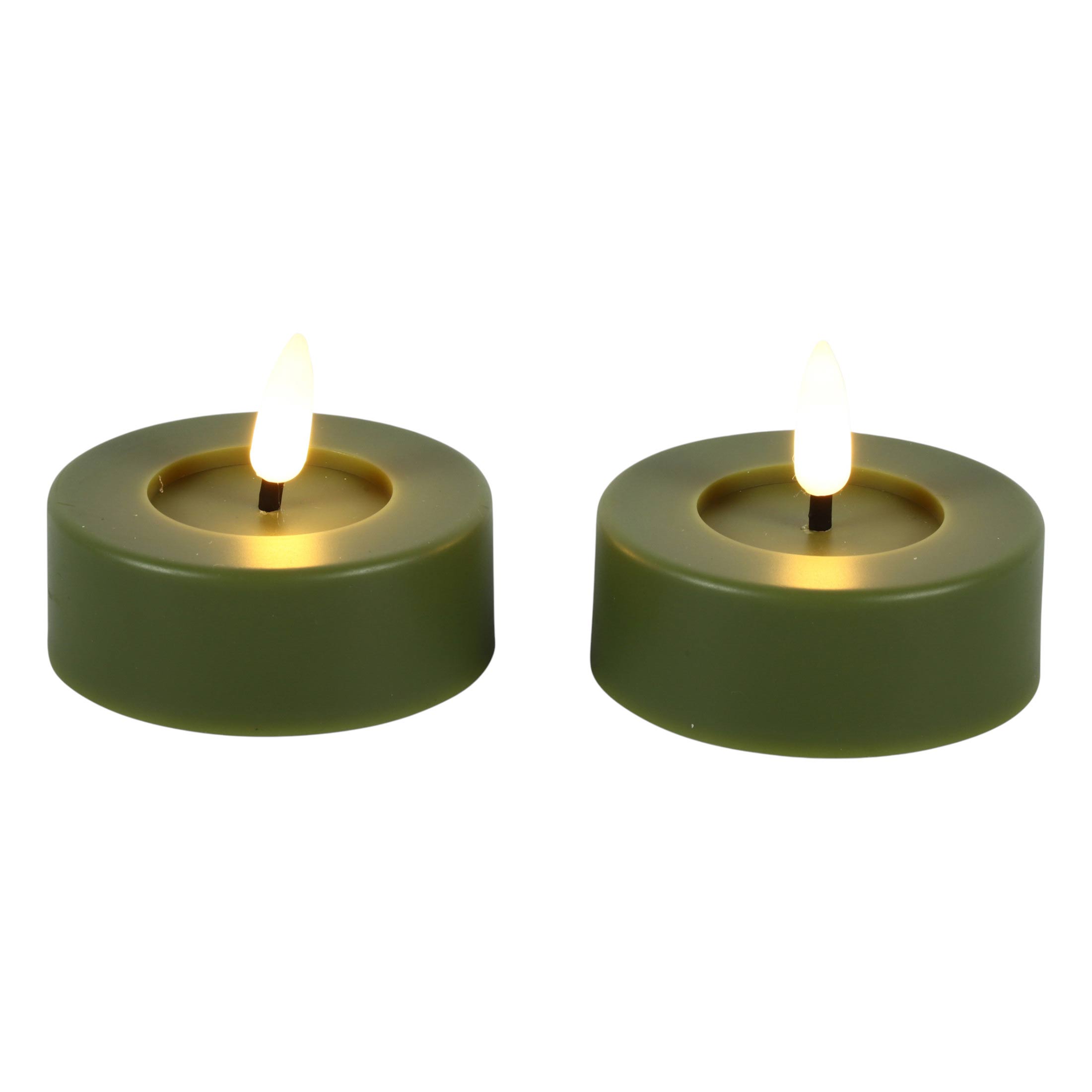 812174 LED Teelichter grün außen 2 St. Timer 6,5x5,2cm 3D Flamme warmweiß flackernd