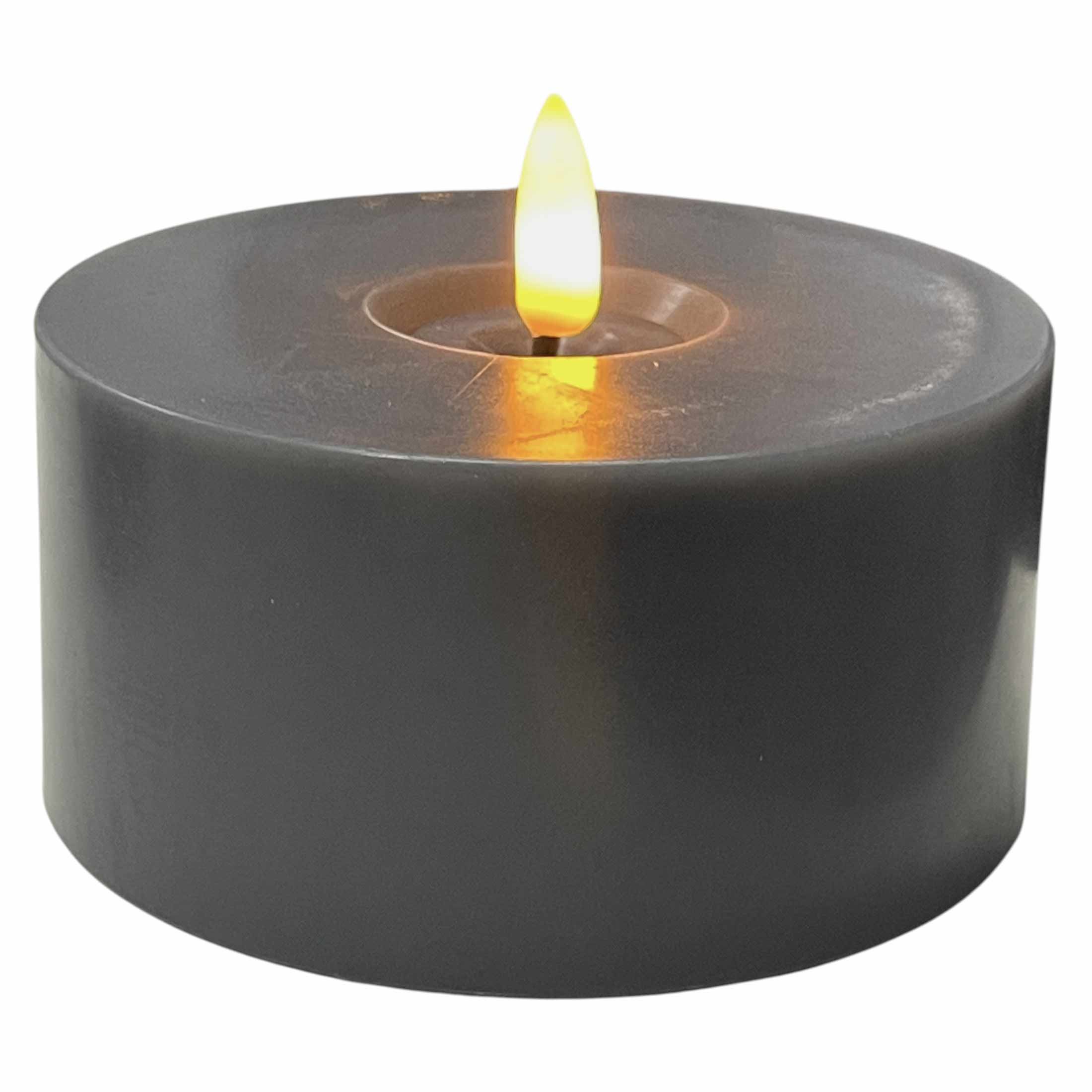 812328 LED Teelicht Außen XXL grau 3D-Flamme 6/18h Timer 10x7,5cm