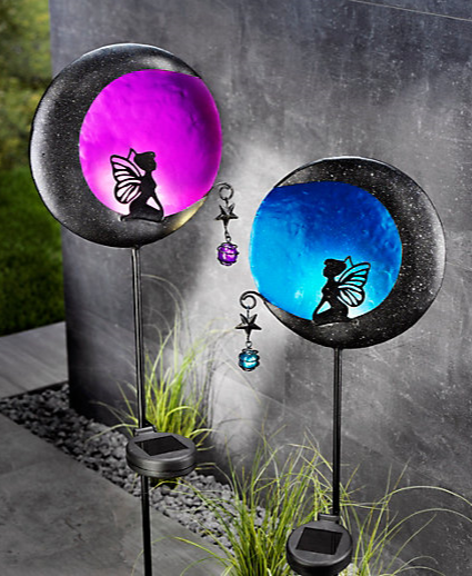 2er Pack Solar Metall Gartenstecker Solarstecker Elfe Mond Lampe Solarleuchte
