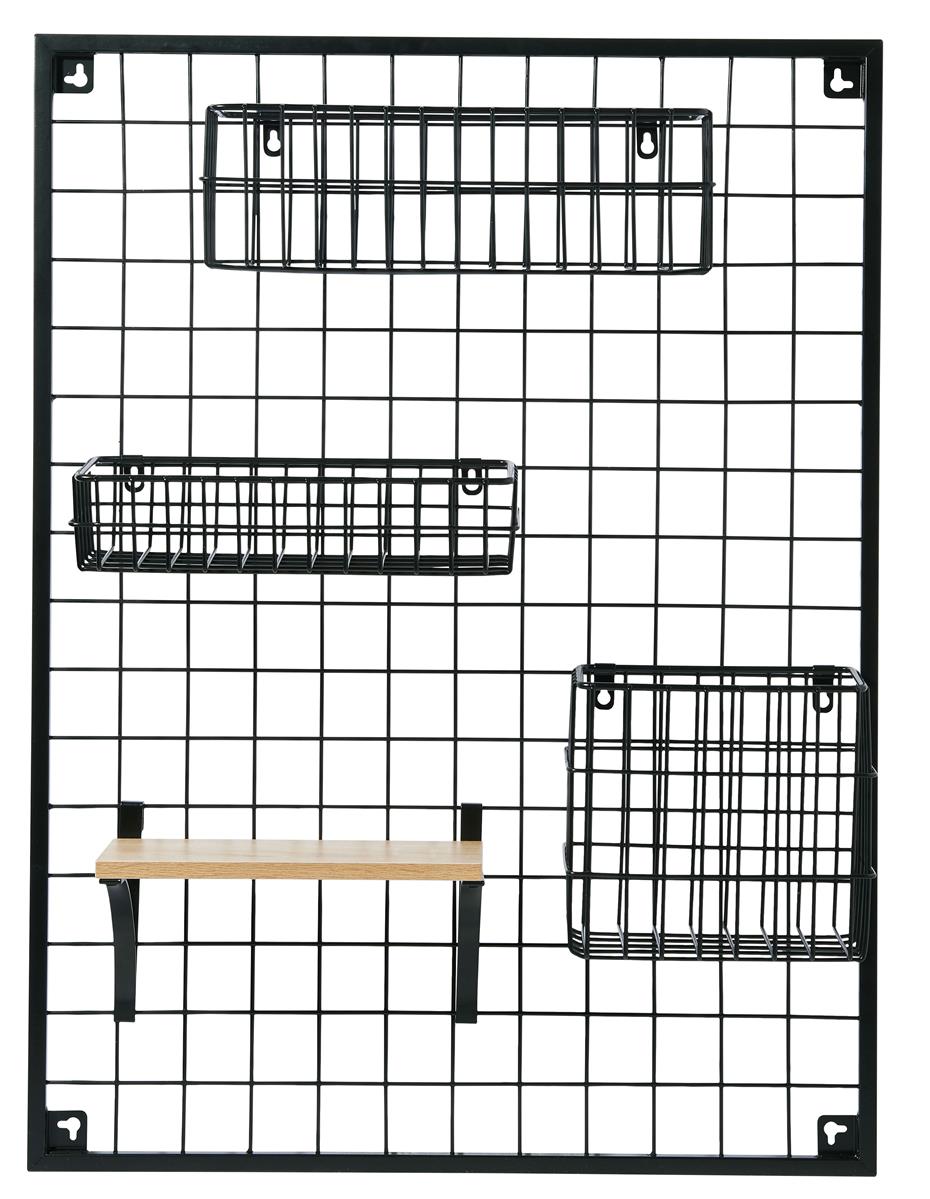 Wandgitter aus Metall mit Regalboden und Aufbewahrungskörben | schwarz