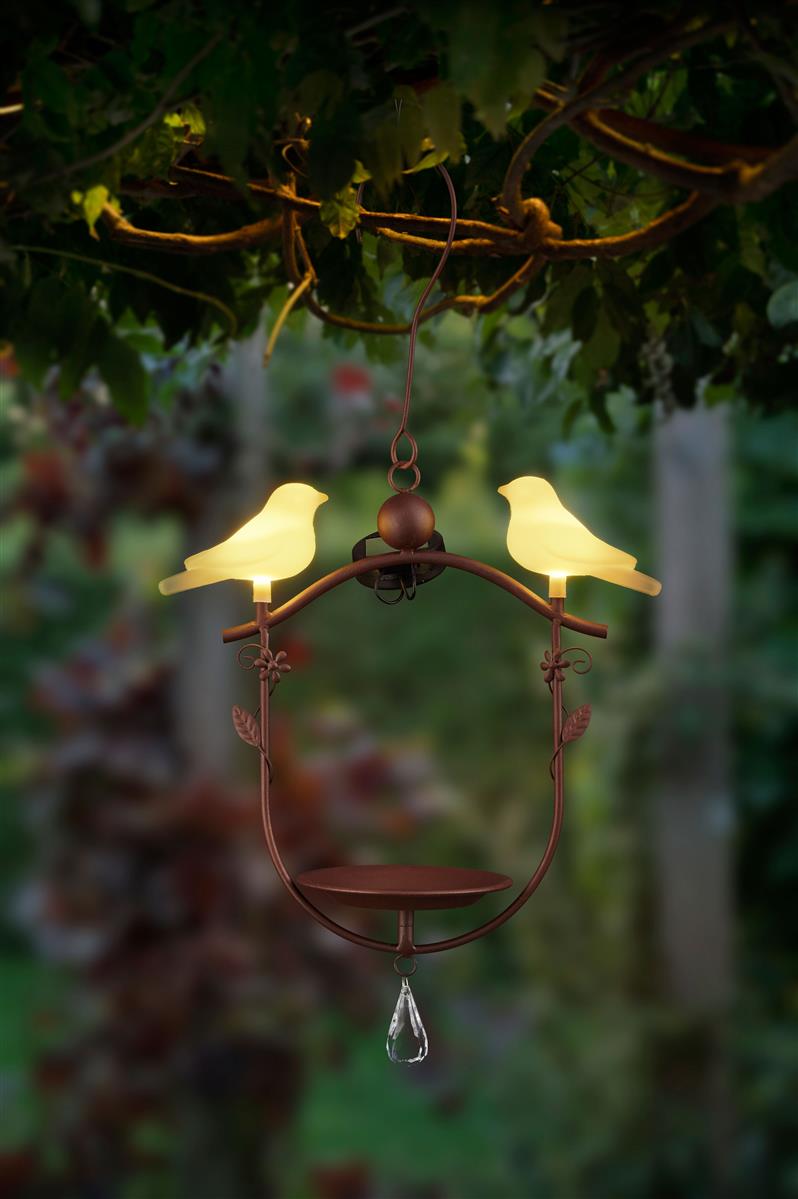 Bonetti Vogeltränke mit LED-Vogel-Paar und Erdspieß aus Metall solarbetrieben bunt beleuchtet 