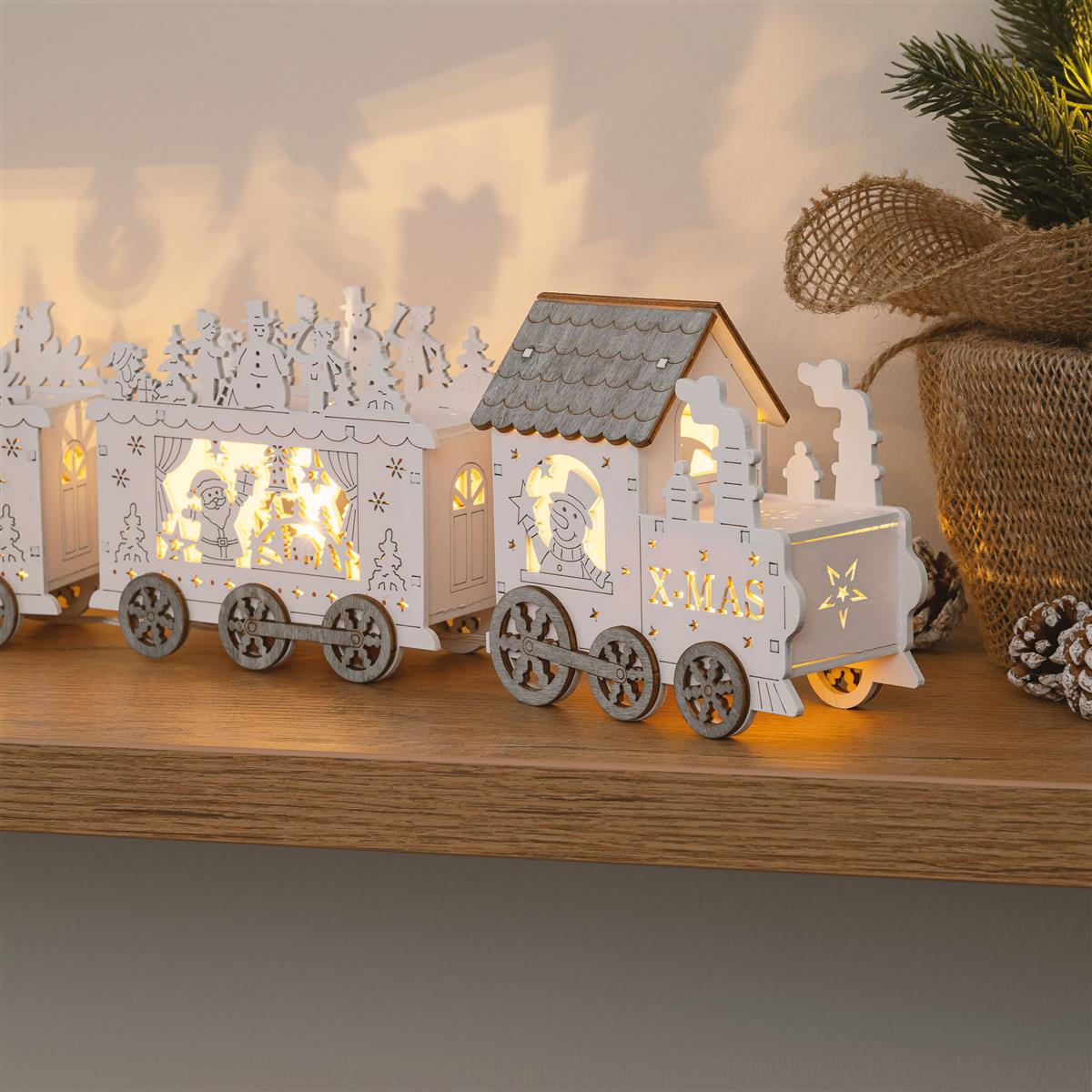 LED Eisenbahn Zug Lokomotive weiß Holz Deko Weihnachten beleuchtet Lichterbogen