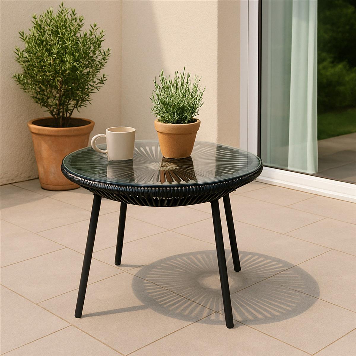 Gartentisch Beistelltisch Glastisch Rope Design Alu schwarz Balkontisch Tisch
